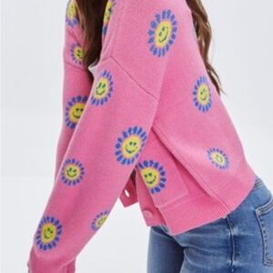 Forever 21 Pink Cardigan Smiley Face Pattern Size M Button Front Pockets Soft